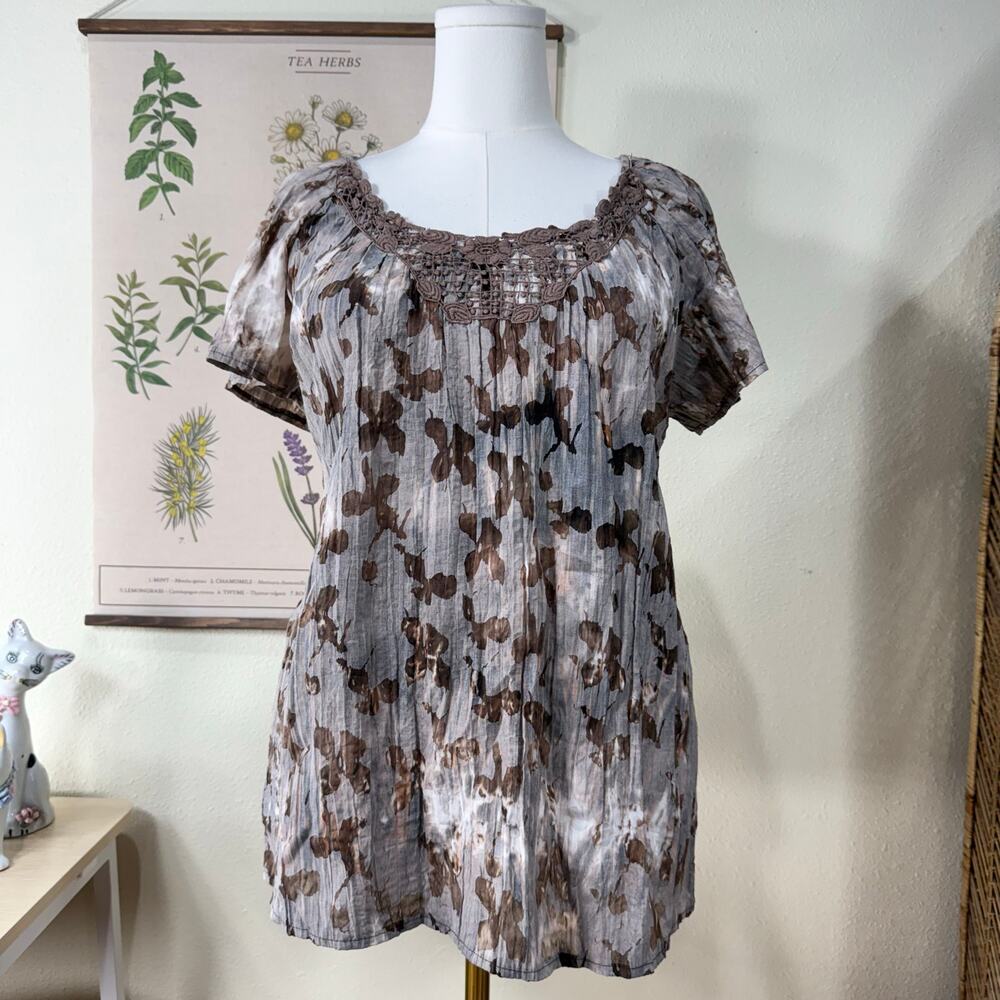 Y2k Gray Brown Crinkle Floral Lace Top Mori Kei Fairy Grunge Forest Nymphette L